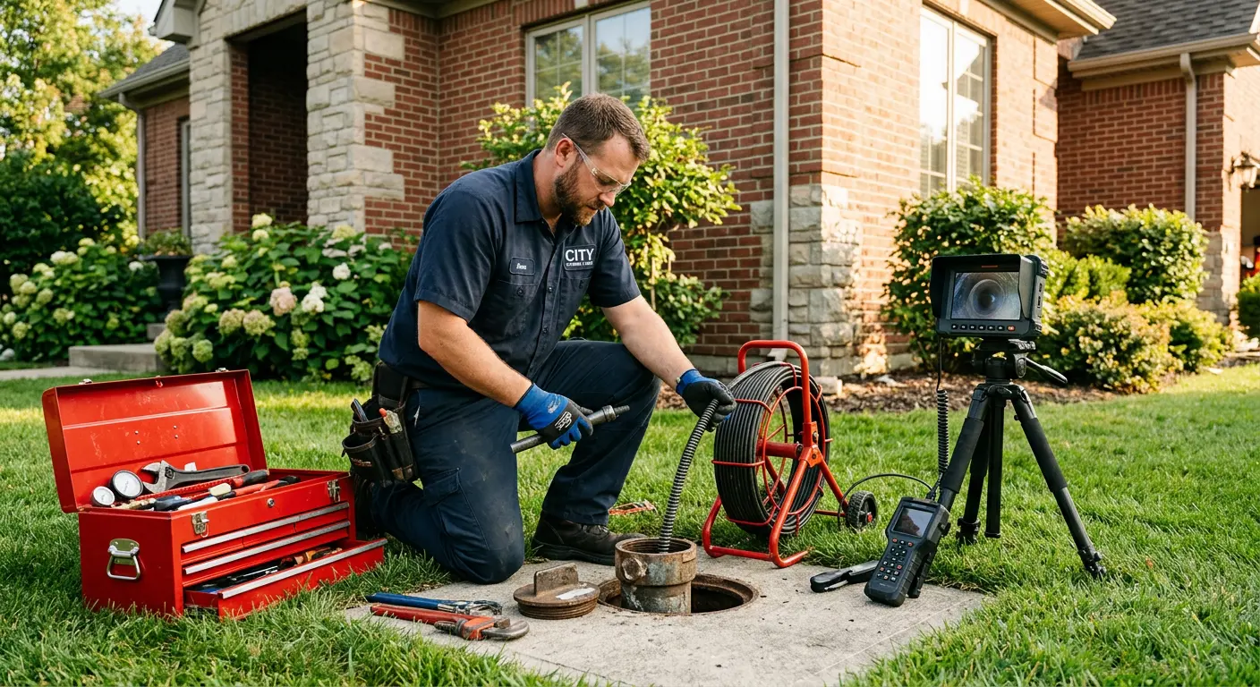 Sewer specialist with camera equipment servicing a cleanout in Logan