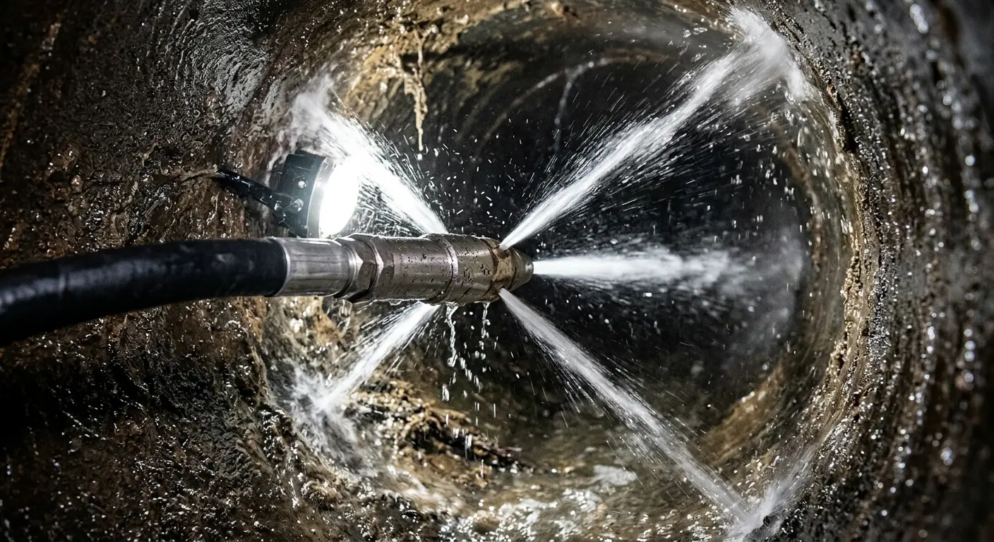 High-pressure hydro jetting nozzle cleaning sewer pipe for Trenchless Sewer Repair in Logan