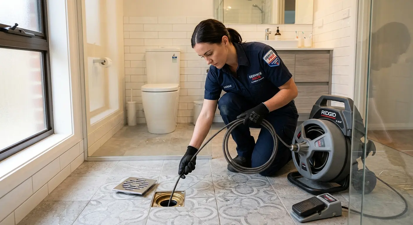 Technician clearing a bathroom floor drain for Sewer Line Replacement in Logan
